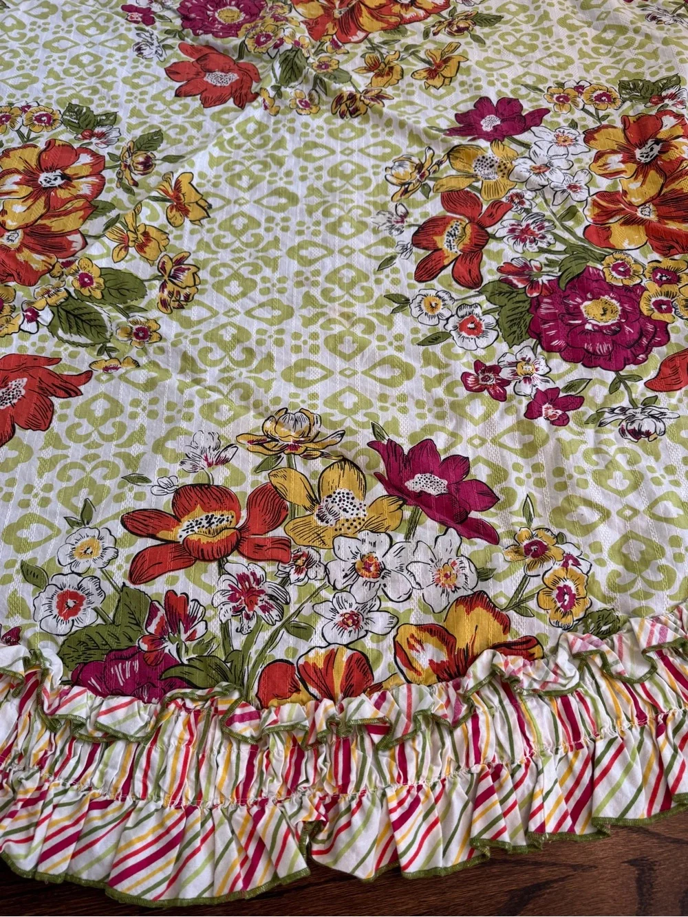 Anthropologie Round Floral Ruffled tablecloth in Green, Pink and Orange